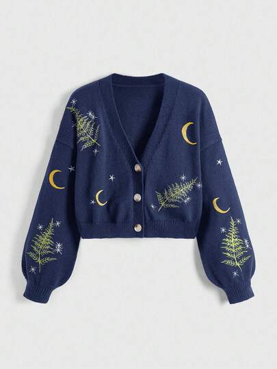 J-Fashion Women's Casual Thin Cardigan With Moon & Plant Embroidery, Long Sleeve, Autumn/Winter