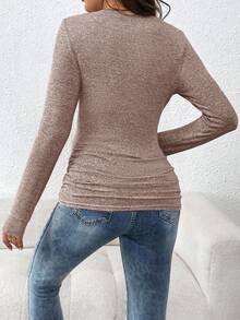 SHEIN Áo thun dài tay màu trơn thoải mái dành cho bà bầu, thích hợp mặc hàng ngày. - Màu Khaki - Xem 2