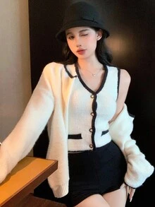 2 件女式拼布撞色饰边 V 领宽松长袖开衫毛衣套装，休闲秋冬 - 米色 - 查看 5