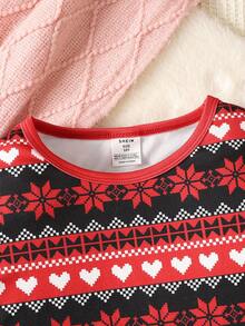 SHEIN Conjunto de pijama de 2 piezas con camiseta de manga larga de cuello redondo y pantalones para niña preadolescente, con estampado de dibujos animados, ajuste ceñido, suave y cómodo, a juego con mamá (se venden 3 conjuntos por separado) - Albaricoque - Ver 4