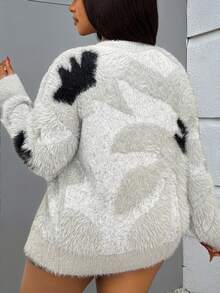 Slaydiva 大码女式撞色蓬松长袖单排扣休闲开衫毛绒上衣银色女式上衣毛衣套装秋冬时尚女装 - 彩色 - 查看 2