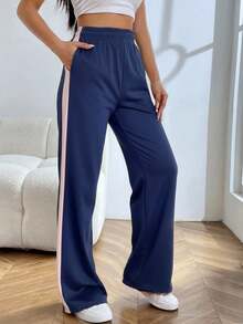 SHEIN EZwear 女式休闲海军蓝撞色侧条纹阔腿运动裤 - 藏蓝色 - 查看 3