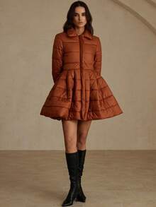 Revavyn 法式浪漫收腰喇叭下摆女式短款加厚棉服外套，冬装时尚 - 黃色 - 查看 4