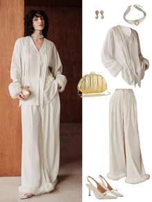 Uhlyne Women's Autumn White Faux Fur Patchwork Wide Leg Pants, Minimalist Pleated Trousers, Versatile For Business, Casual And Holiday Wear - White - View 1