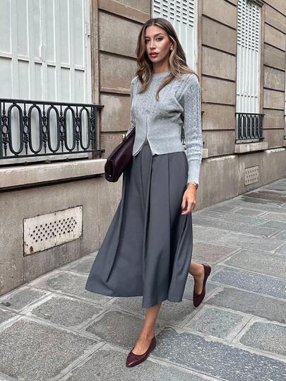 Pariaura Women's Elegant Pleated Zippered Gray A-Line Long Skirt, Versatile For All Seasons, Ideal For Weddings, Elegant Parties, Halloween, Christmas Outfits, Fashion Commuting, Daily Casual Wear, Home Office, And Versatile Styling