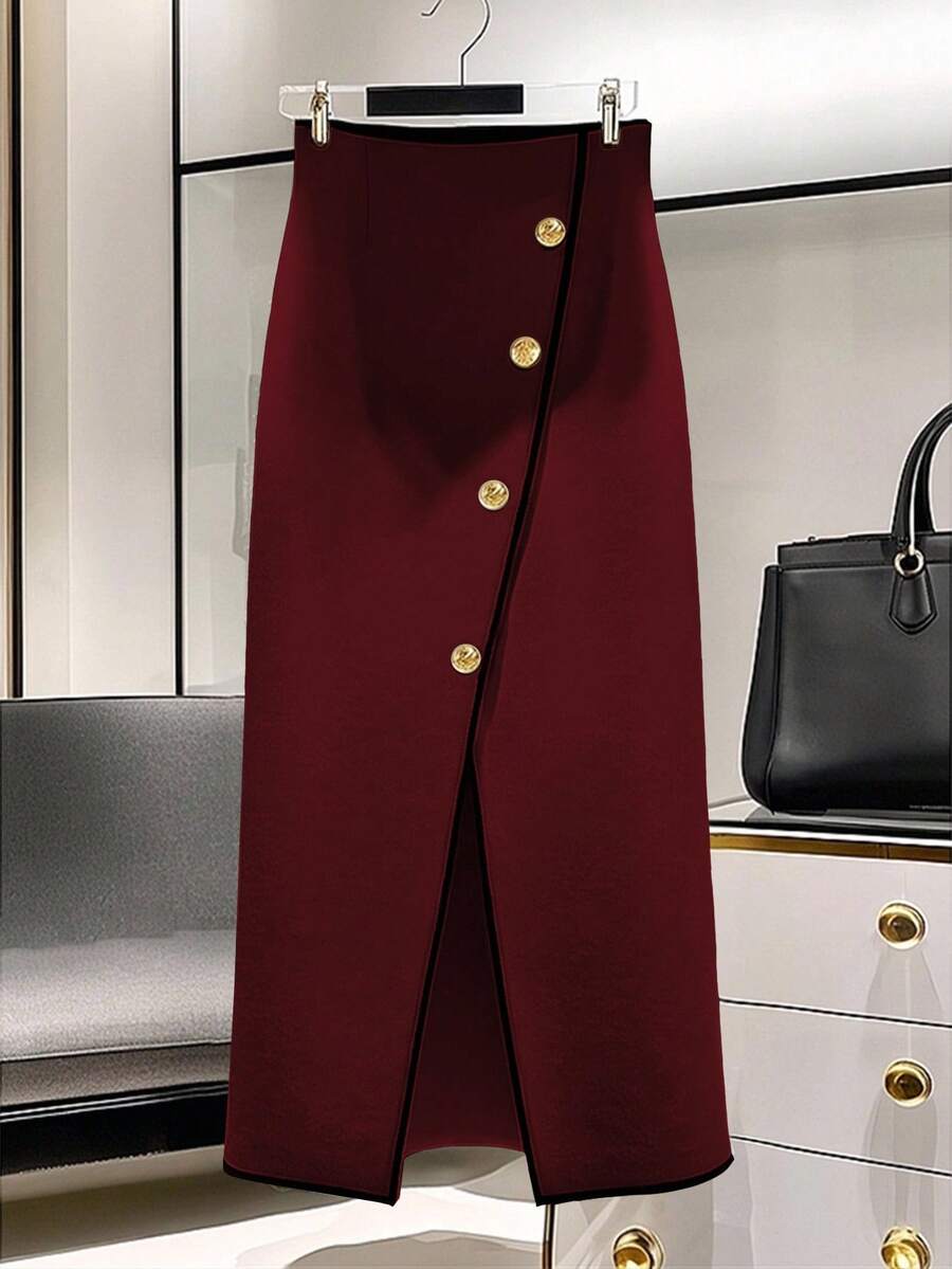 Franclia Elegant High Waist Slit Skirt, Fashionable And Slimming, Suitable For Autumn/Winter - Burgundy - View 1