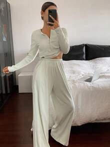 DAZY Women's Simple Solid Color Brushed Ribbed Fabric Pajama Set, Autumn/Winter, Cozy Outfit Fall Clothes - Green - View 4