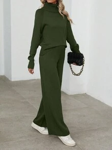 EMERY ROSE Women's Casual Solid Color Turtleneck Sweater And Knit Pants 2 Pieces Set, Autumn/Winter