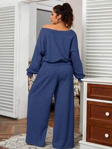 SHEIN EZwear 大码女式纯色不对称领口落肩长袖运动衫和阔腿裤休闲两件套，秋季 - 藏蓝色 - 查看 2