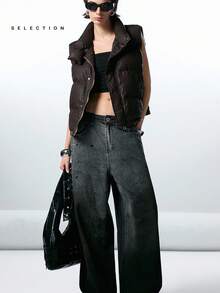 LYSMO SELECTION 2025 New Minimalism Dark Brown Autumn Casual Occasion Women Solid Color Sleeveless Stand Collar Winter Coat Warm Stockholm Style Streetwear - Brown - View 3