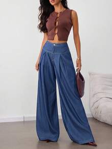 SHEIN Tall CURVE Plus Size Women's Pocketed Fold Pleated Loose Fit Wide Leg Jeans, 4th Of July Summer Cowgirl Western Vacation School Concert Teacher Vintage Hawaii Rave Streetwear