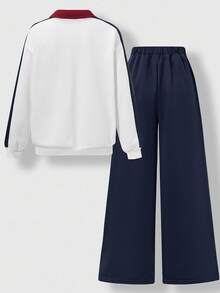 SHEIN Explorewe Tween 男童运动复古 V 领撞色 POLO 衫，长袖翻领宽松印花摩托车拼接上衣和藏青色梭织运动直筒红色条纹设计长裤，2 件套，此款采用优质面料制成，亲肤，适合春秋冬穿着，适合圣诞节和万圣节氛围 - 彩色 - 查看 2