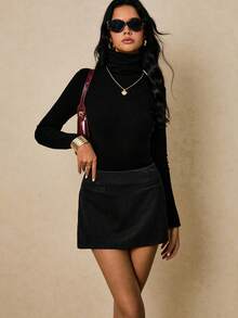 Poéselle Chân váy mini trơn màu dành cho nữ, thời trang cho mùa thu/đông - màu đen - Xem 3