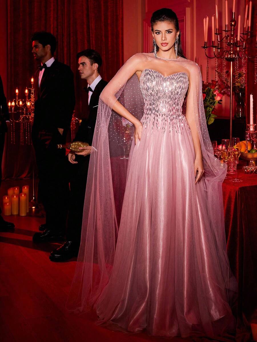 优雅奢华串珠、亮片和水钻可拆卸超大喇叭下摆露肩连衣裙，适合婚礼、派对、节日、庆典、正式活动（重度装饰）