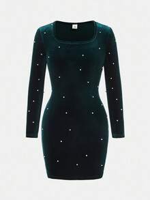 Pitira Tween Girl Solid Emerald Green Square Neck Christmas Party Velvet Beaded Long Sleeve Dress,Dark Green Christmas Dress, Dark Green Dress, Party Dress, Velvet Dress, Beaded, Dark Green Dress For Girls, Christmas Outfit For Girls Long Sleeve Dress Tween Dark Green Dress Girls Girl Velvet Dress Dark Green Tween Dress Tween Girl Tight Dress