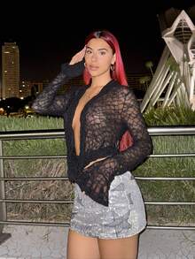 Bearsaez Extreme Cowl Neck Textured Lace Long Sleeve Flared Cuff Top Only Sexy Cute Ibiza Spring Summer Club Vacation Holiday Boho Occasion Beachwear Festival Summer Holiday Festival Rave Going Out Top