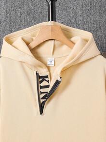 Tween Boys Casual Versatile Letter Print Oblique Placket Hoodie With Black Pants 2 Pieces Set, Suitable For Autumn/Winter Casual, Outdoor, School, Party, Teen Boys Hoodie And Sweatpants Set, 2 Piece Teen Boys Hoodie And Sweatpants Fall