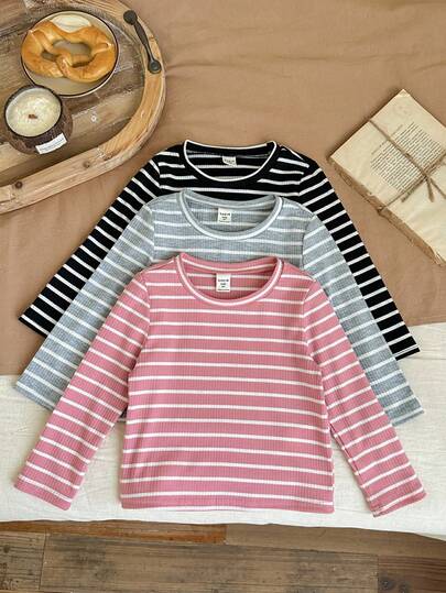 SHEIN LMoss Kids LMoss Young Girl 3pcs Young Girl Knit Striped Round Neck Casual Top Set