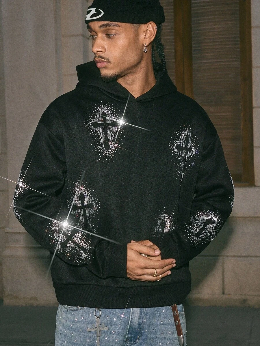 AXEPEAK Men's Autumn/Winter Rhinestone Cross Pattern Loose Fit Casual Hoodie Sweatshirt - Black - View 1