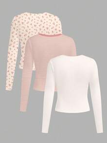 3件套少女休闲柔软舒适修身长袖T恤，饰有奶油色花卉、柔和粉色条纹和蝴蝶结图案，适合秋冬季节日常穿着、叠穿和休闲居家穿着。 - 彩色 - 查看 2