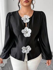 Elenzga Women's Elegant Casual 3D Floral Satin Long Sleeve Blouse