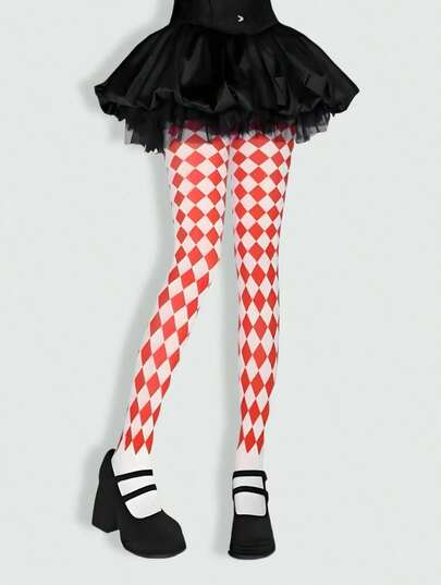 Goth 1 قطعة جوارب نسائية ذات مرونة عالية بنمط أسود وأبيض مربعات غير متماثل، جذاب وجريء
