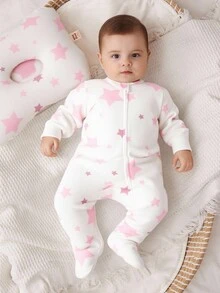 Cozy Pixies 2 pezzi Pigiama a piè di gatto neonato/bambino piccolo con stampa a stelle, manica lunga, collo tondo, in maglia morbida, con cuscino, casual e versatile, adatto per primavera, autunno, inverno, regalo per neonato, festa, uso quotidiano