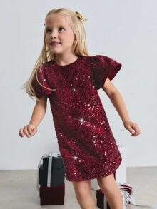 Maija Kids Young Girl An Autumn/Winter Classic, Fashionably Versatile Dress Perfect For Parties, Daily Wear, And Casual Outings - Elegant, Minimalist, And Dazzling With A Luxurious, Heavily Embellished Design. Made From A Rich Red Sequined Fabric, It Features A Round Neckline, Short Sleeves, Delicate 3D Gathered Ruffles And Lace-Like Details, And A Timeless A-Line Silhouette. A Structured Yet Graceful Piece, Ideal For Christmas. - Red - View 5