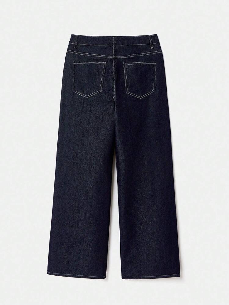 Mid-Rise Wide Leg Jeans In Dark Cotton Denim Office Teacher Going Autumn Winter