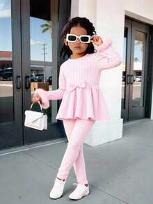 2pcs Girls Young Girl Elegant High Collar Ribbed Knit Fuzzy Fabric Long Sleeve Top And Flared Pants Set, Red, Autumn/Winter Fall - Pink - View 1