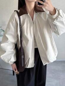 FRIFUL 女士休闲宽松拉链外套，撞色领口，褶裥装饰，抽绳下摆，适合秋冬季节穿着。 - 杏色 - 查看 2