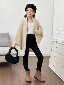 SHEIN Tween Girl Casual Loose Batwing Sleeve Cardigan, Suitable For Home, Outings And School, Autumn/Winter Fall - Apricot - View 4