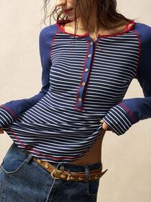 Bohemela Women's Striped Button Half-Placket Raglan Sleeve Casual T-Shirt - Multicolor - View 5