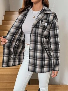 SHEIN LUNE Manteau en laine à carreaux avec boutons sur le devant pour femmes, style vintage décontracté et élégant pour les déplacements, pour l'automne/hiver - Noir et Blanc - Voir 7