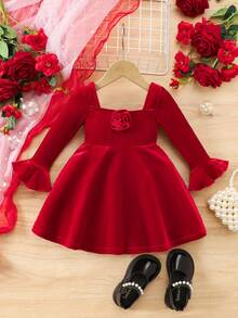 1-Pack Cute Baby Girl Knitted Red Dress With Lace Decoration, Suitable For Autumn And Winter, Red Is Suitable For Christmas, Party Wear, Daily Wear, School Daily, Birthday Dress, Princess Dress, Mom And Daughter And Sisters Matching