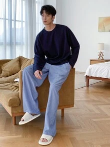 DAZY Bộ đồ ngủ Pyjama thu đông cho nam, áo thun nam và quần cạp chun kẻ sọc - Nhiều màu - Xem 7
