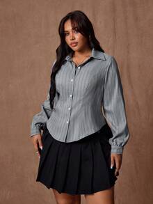 Rustia Plus Size Women's Casual Striped Slim Fit Long Sleeve Shirt - Grey - View 6