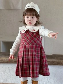 DAZY Baby Girls' Plaid Casual Korean Style Cartoon Fruit Embroidery Peter Pan Collar Mid-Length Dress Christmas - Burgundy - View 4