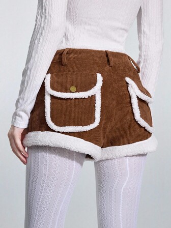 ROMWE Avant Y2K Autumn/Winter Fuzzy Low-Waist Pants, Ins-Style Sexy Slim Fit Contrast Color Fluffy Casual Shorts
