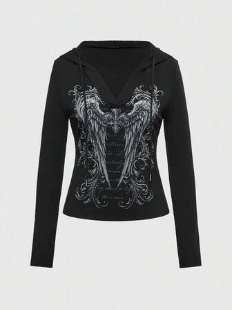 Grunge Punk Felpa con cappuccio nera aderente in stile gotico da donna, decorata con strass, streetwear punk retrò Y2K, scollo a V profondo, maniche lunghe