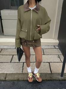 Muchica Khaki Oversized Pocket Turndown Collar Short Jacket, Autumn New Arrival - Army Green - View 7