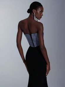 Elitara 优雅奢华千元款缎面拼布针织缎面露肩拉链开衩连衣裙，双领设计，珠饰紧身胸衣，收腰鱼骨结构，蒲公英褶皱臀部，美人鱼下摆，适合晚会、商务活动、私人茶会、生日、节日、婚礼和其他正式场合 - 彩色 - 查看 7