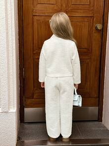 SHEIN Elladie kids Conjunto de jaqueta curta com gola confortável e calça comprida casual para meninas - Branco - Ver 6