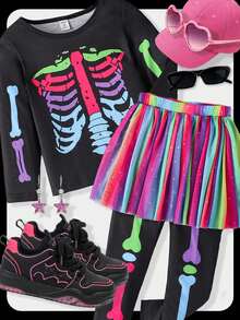 SHEIN 女小童骷髅圖案上衣&二合一長褲 - 黑色 - 查看 1