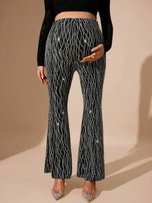 MaterniChic Autumn And Winter Adjustable Waist Allover Print Flare Pants For Pregnant Women - Black - View 3