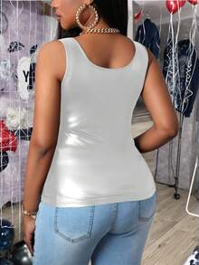 Slaydiva Size Casual All-Match Black Faux Leather Cami Top With Deep U-Neck And Racerback - Silver - View 2