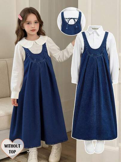 SHEIN 少女海军蓝牛仔背带裙