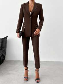 EURMUSE Women's Simple Solid Color Lapel Collar Blazer And Belted Suit Pants Set, Suitable For Work And Commute - Brown - View 4