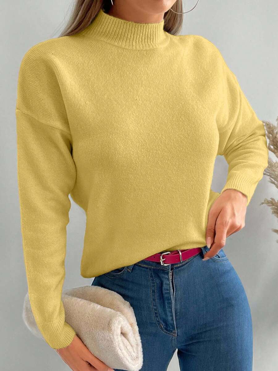 EURMUSE Women's Casual Solid Color Drop Shoulder Pullover Sweater - Yellow - View 1