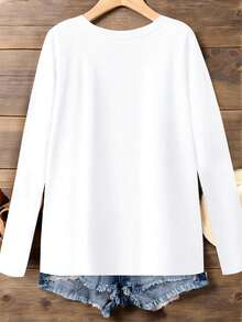 EMERY ROSE Women's V-Neck Loose Casual Versatile Bestselling T-Shirt, Autumn/Winter - White - View 2